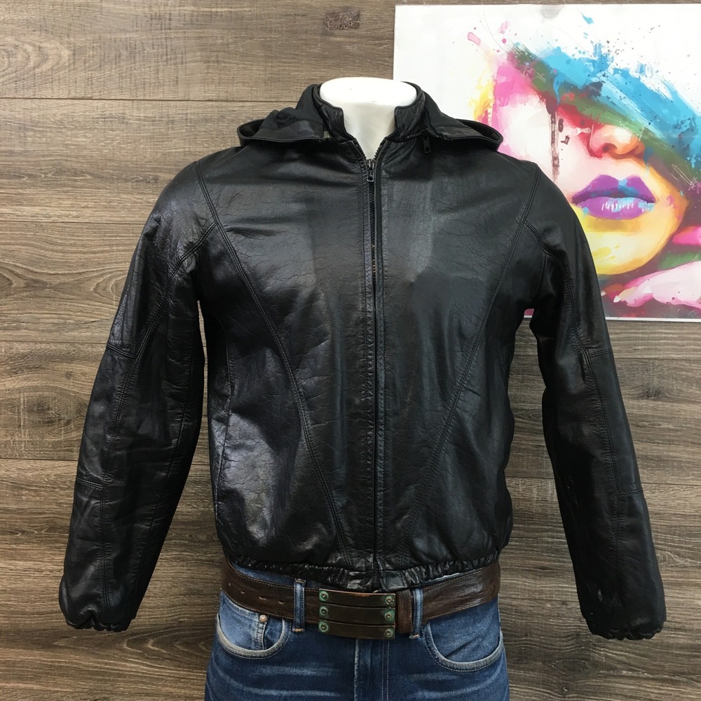 VINTAGE LEATHER HOODED JACKET MENS‎ BLACK REMOVABLE HOOD ZIPPER SIZE 40